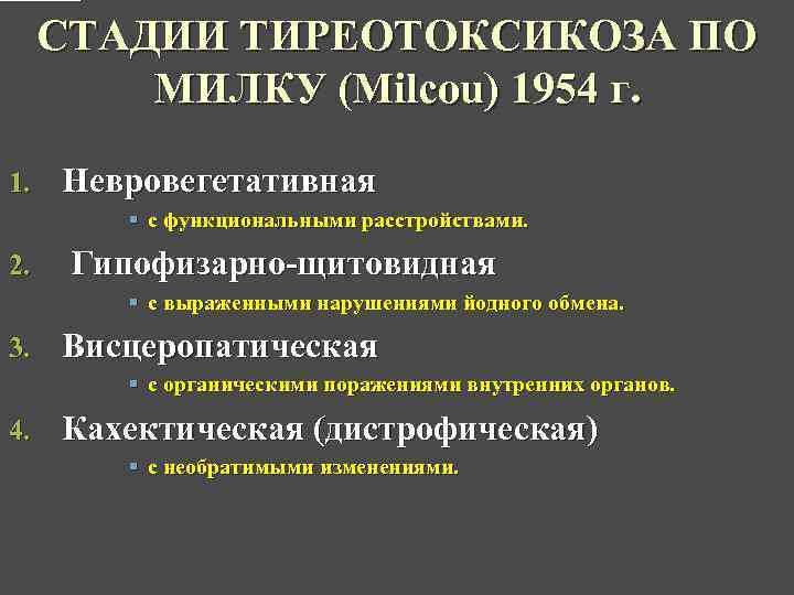 СТАДИИ ТИРЕОТОКСИКОЗА ПО МИЛКУ (Milcou) 1954 г. 1. Невровегетативная § с функциональными расстройствами. 2.