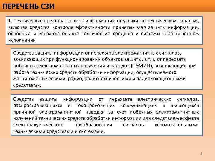 ПЕРЕЧЕНЬ СЗИ 1. Технические средства защиты информации от утечки по техническим каналам, включая средства