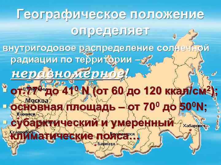 Географическое положение определяет внутригодовое распределение солнечной радиации по территории – неравномерное! § от 770