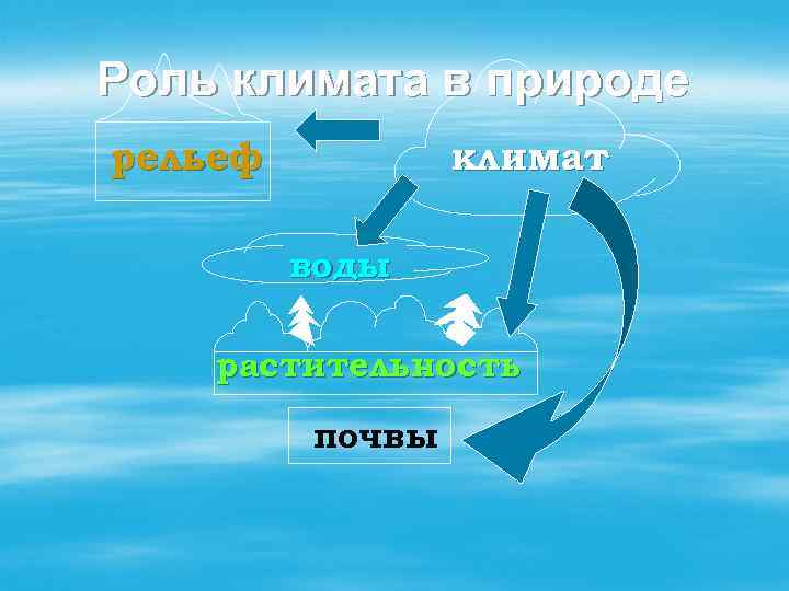 Роль климата в природе рельеф климат воды растительность почвы 