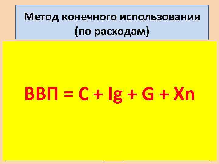 Метод конечного использования (по расходам) Это сумма расходов всех макроэкономических агентов 1. Потребительские расходы