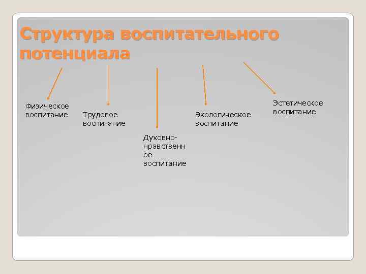 Структура воспитательного потенциала Физическое воспитание Трудовое воспитание Экологическое воспитание Духовнонравственн ое воспитание Эстетическое воспитание