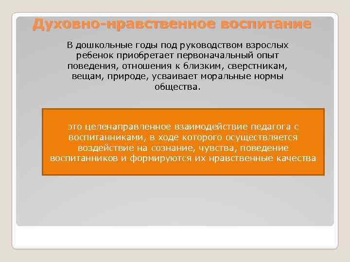 Духовно-нравственное воспитание В дошкольные годы под руководством взрослых ребенок приобретает первоначальный опыт поведения, отношения