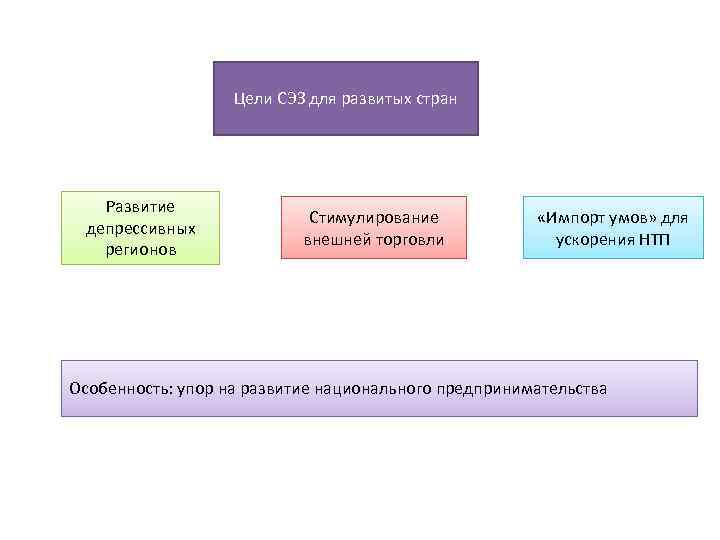 Цели СЭЗ для развитых стран Развитие депрессивных регионов Стимулирование внешней торговли «Импорт умов» для