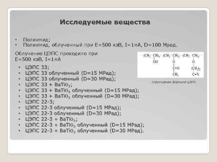 Исследуемые вещества Полиимид; Полиимид, облученный при E=500 кэ. В, I=1 м. А, D=100 Мрад.