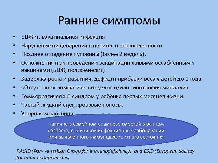 Ранние симптомы • • • БЦЖит, вакцинальная инфекция Нарушение пищеварения в период новорожденности Позднее