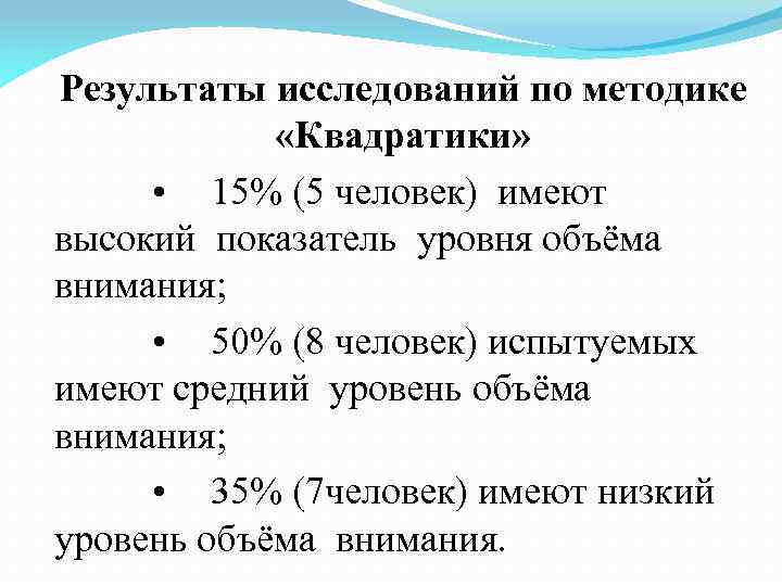 Результаты исследований по методике «Квадратики» • 15% (5 человек) имеют высокий показатель уровня объёма