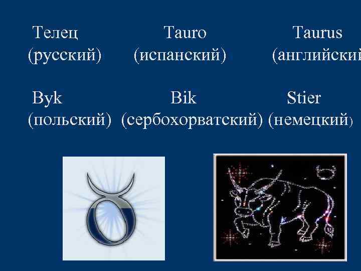 Телец (русский) Tauro (испанский) Taurus (английский Byk Bik Stier (польский) (сербохорватский) (немецкий) 