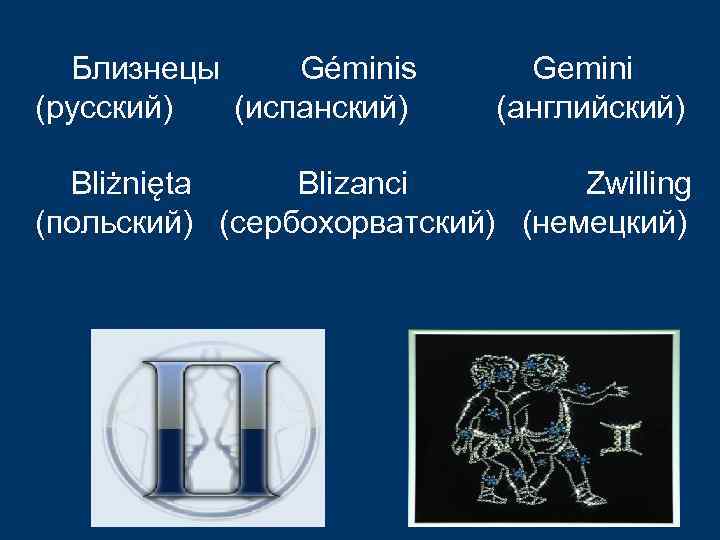 Близнецы Géminis (русский) (испанский) Gemini (английский) Bliżnięta Blizanci Zwilling (польский) (сербохорватский) (немецкий) 