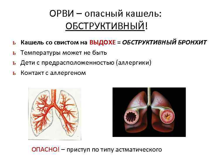 ОРВИ – опасный кашель: ОБСТРУКТИВНЫЙ! ь ь Кашель со свистом на ВЫДОХЕ = ОБСТРУКТИВНЫЙ