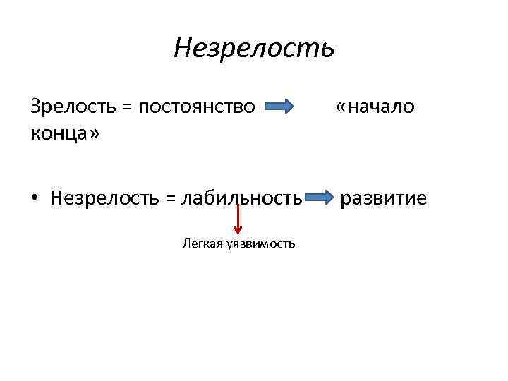 Незрелость Зрелость = постоянство конца» «начало • Незрелость = лабильность развитие Легкая уязвимость 