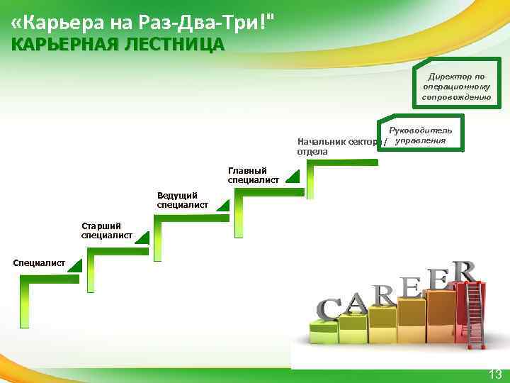  «Карьера на Раз-Два-Три!" КАРЬЕРНАЯ ЛЕСТНИЦА Директор по операционному сопровождению Руководитель Начальник сектора/ управления