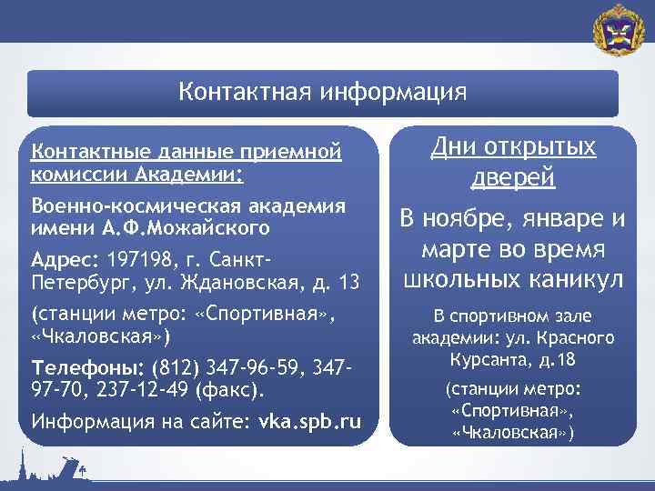 Контактная информация Контактные данные приемной комиссии Академии: Военно-космическая академия имени А. Ф. Можайского Адрес: