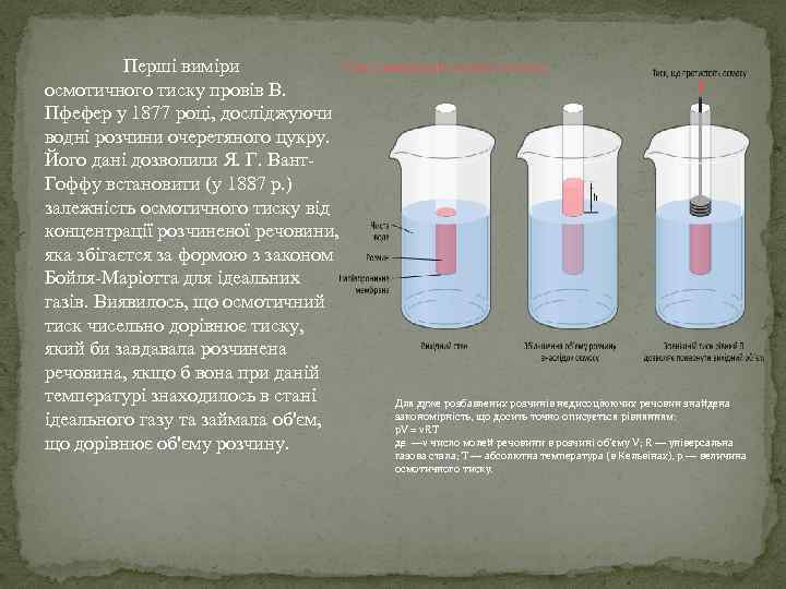 Перші виміри осмотичного тиску провів В. Пфефер у 1877 році, досліджуючи водні розчини очеретяного