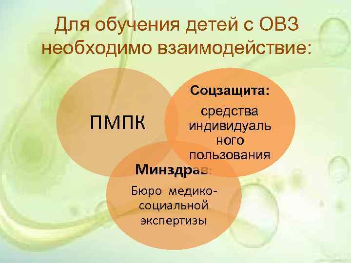 Для обучения детей с ОВЗ необходимо взаимодействие: Соцзащита: средства ПМПК индивидуаль ного пользования Минздрав: