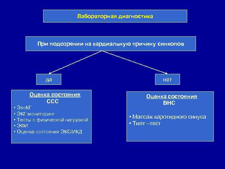 Лабораторная диагностика При подозрении на кардиальную причину синкопов да Оценка состояния ССС • Эхо.