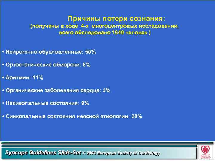 Причины потери сознания: (получены в ходе 4 -х многоцентровых исследований, всего обследовано 1640 человек