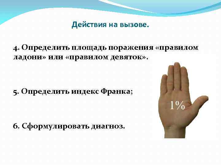 Действия на вызове. 4. Определить площадь поражения «правилом ладони» или «правилом девяток» . 5.