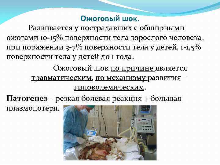 Ожоговый шок. Развивается у пострадавших с обширными ожогами 10 -15% поверхности тела взрослого человека,