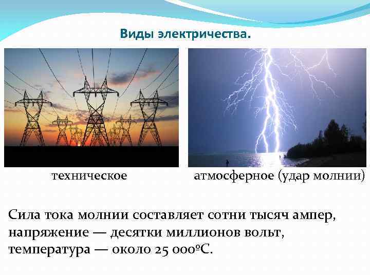 Виды электричества. техническое атмосферное (удар молнии) Сила тока молнии составляет сотни тысяч ампер, напряжение