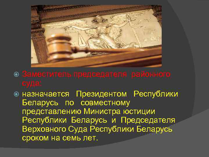 Заместитель председателя районного суда: назначается Президентом Республики Беларусь по совместному представлению Министра юстиции Республики