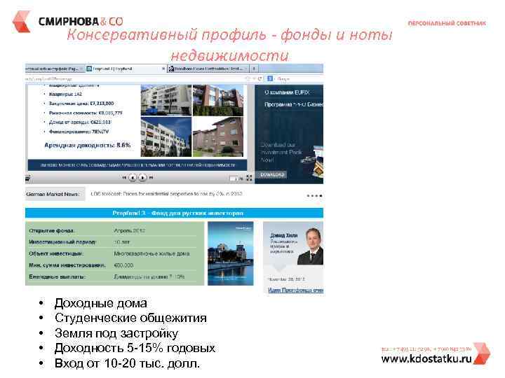 Консервативный профиль - фонды и ноты недвижимости • • • Доходные дома Студенческие общежития
