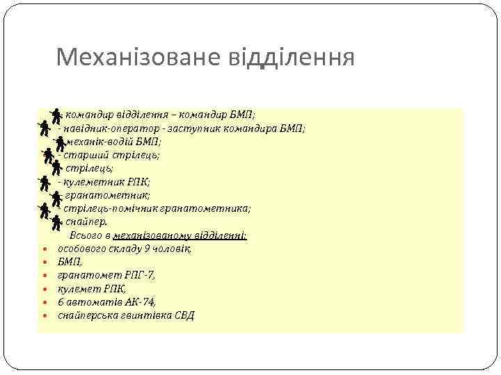 Механізоване відділення - командир відділення – командир БМП; - навідник-оператор - заступник командира БМП;