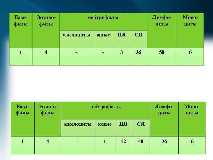 Базофилы Эозинофилы нейтрофилы Лимфоциты миелоциты 1 Базофилы 4 юные ПЯ - 3 36 Эозинофилы
