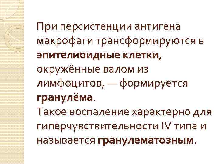 При персистенции антигена макрофаги трансформируются в эпителиоидные клетки, окружённые валом из лимфоцитов, — формируется
