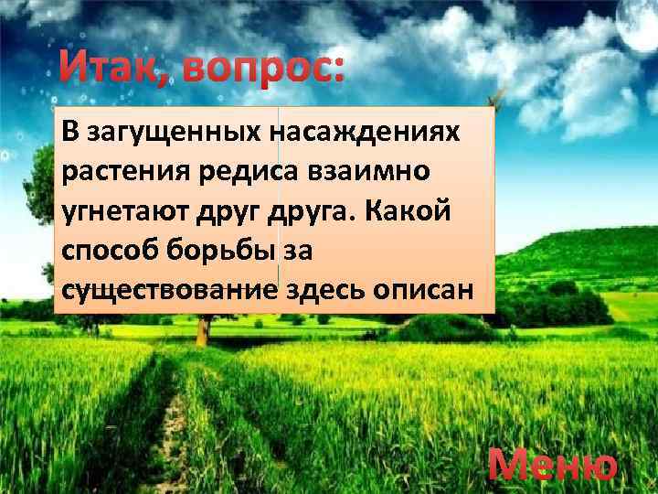 Итак, вопрос: В загущенных насаждениях растения редиса взаимно угнетают друга. Какой способ борьбы за