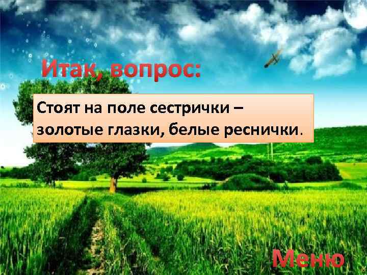 Итак, вопрос: Стоят на поле сестрички – золотые глазки, белые реснички. Меню 