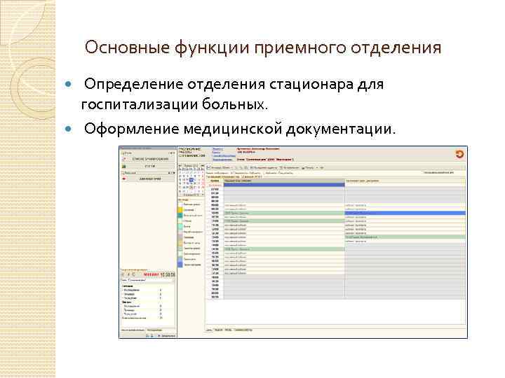 Основные функции приемного отделения Определение отделения стационара для госпитализации больных. Оформление медицинской документации. 