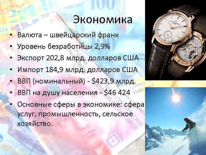 Экономика • • Валюта – швейцарский франк Уровень безработицы 2, 9% Экспорт 202, 8