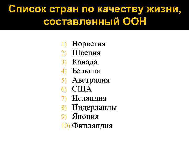 Список стран по качеству жизни, составленный ООН 1) Норвегия 2) Швеция 3) Канада 4)