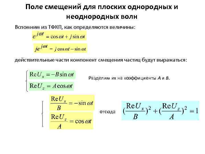 Поле смещений для плоских однородных и неоднородных волн Вспомним из ТФКП, как определяются величины: