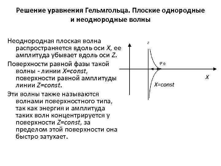 Решение уравнения Гельмгольца. Плоские однородные и неоднородные волны Неоднородная плоская волна распространяется вдоль оси