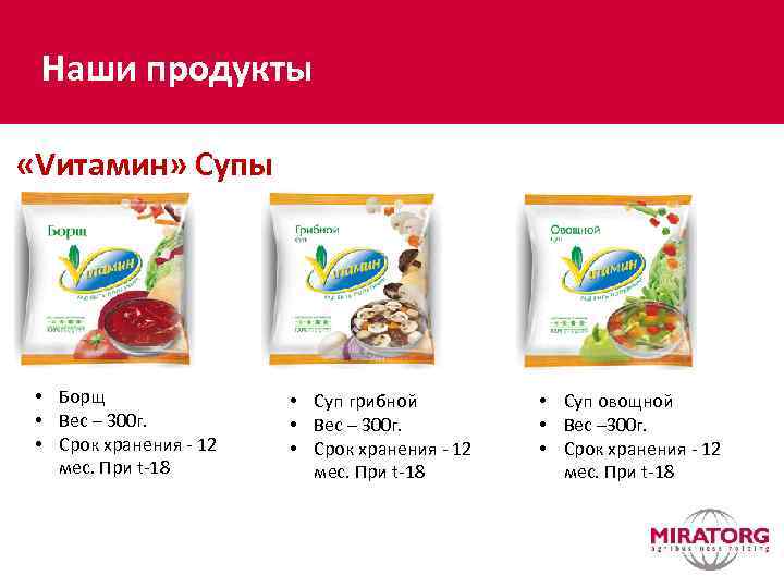 Наши продукты «Vитамин» Супы • Борщ • Вес – 300 г. • Срок хранения