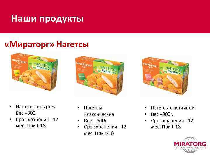 Наши продукты «Мираторг» Нагетсы • Наггетсы с сыром Вес – 300. • Срок хранения