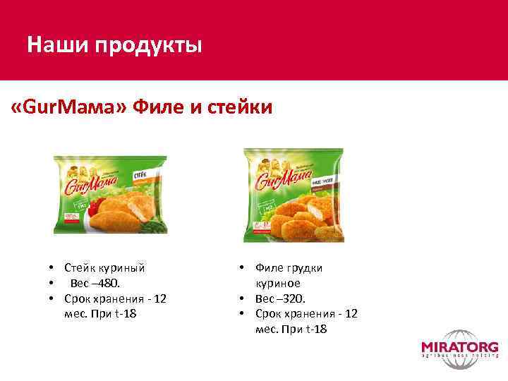 Наши продукты «Gur. Мама» Филе и стейки • Стейк куриный • Вес – 480.