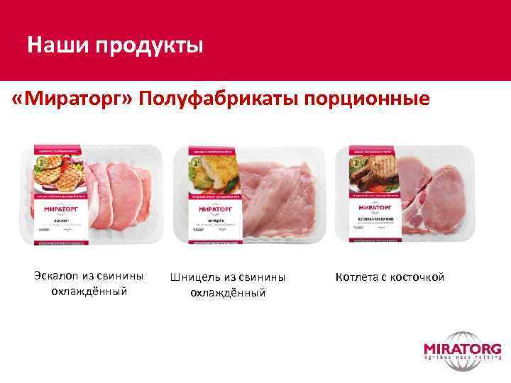 Наши продукты «Мираторг» Полуфабрикаты порционные Эскалоп из свинины охлаждённый Шницель из свинины охлаждённый Котлета