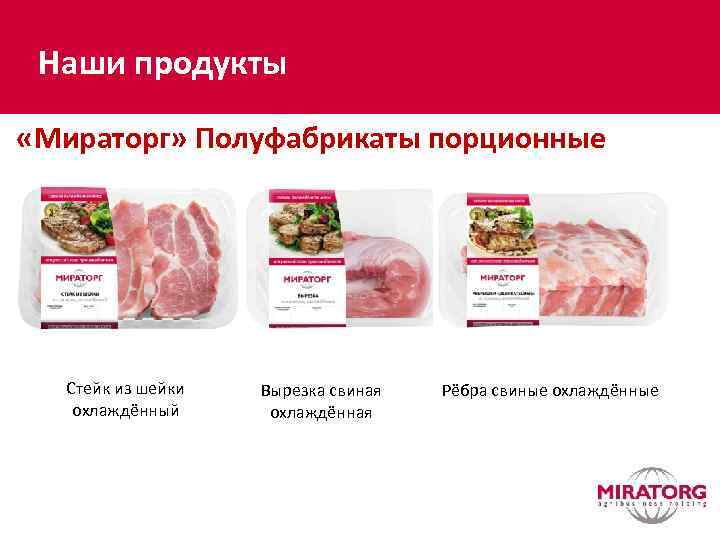 Наши продукты «Мираторг» Полуфабрикаты порционные Стейк из шейки охлаждённый Вырезка свиная охлаждённая Рёбра свиные