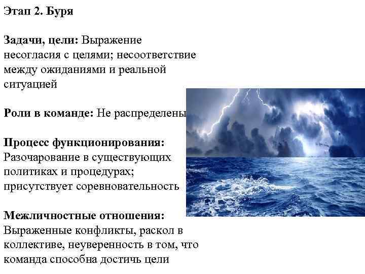 Этап 2. Буря Задачи, цели: Выражение несогласия с целями; несоответствие между ожиданиями и реальной
