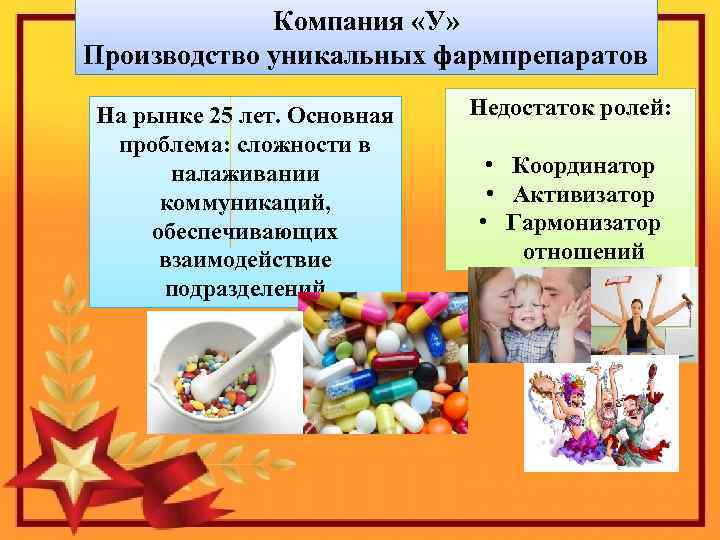 Компания «У» Производство уникальных фармпрепаратов На рынке 25 лет. Основная проблема: сложности в налаживании