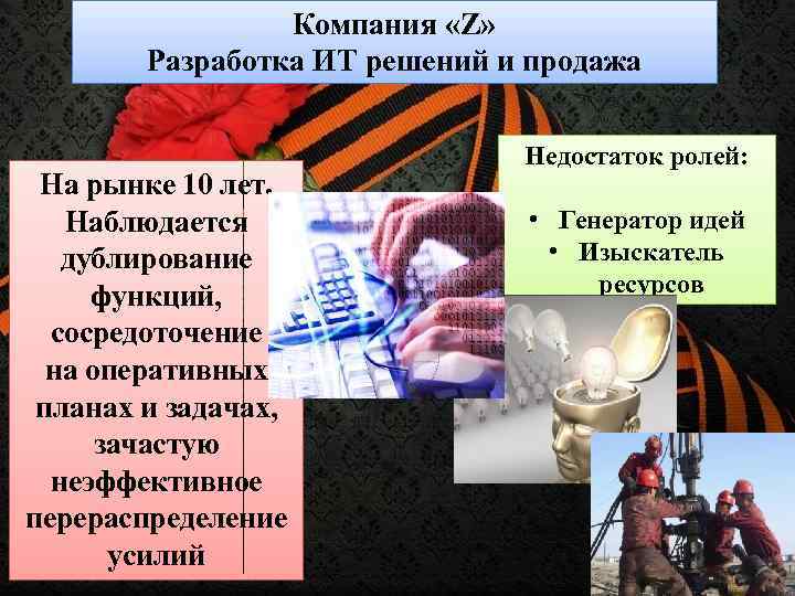 Компания «Z» Разработка ИТ решений и продажа На рынке 10 лет. Наблюдается дублирование функций,