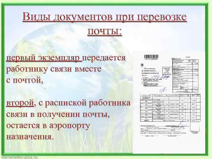 Виды документов при перевозке почты: первый экземпляр передается работнику связи вместе с почтой, второй,