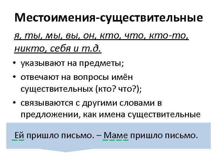 Местоимения-существительные я, ты, мы, вы, он, кто, что, кто-то, никто, себя и т. д.