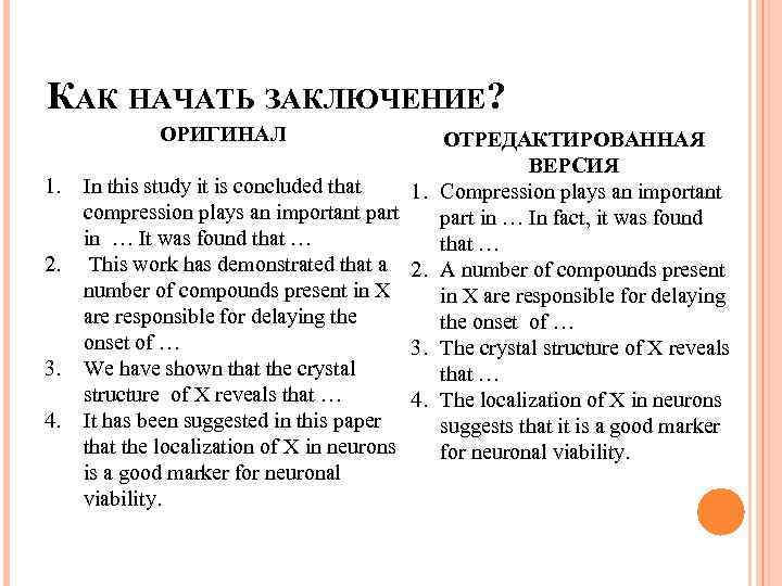 КАК НАЧАТЬ ЗАКЛЮЧЕНИЕ? ОРИГИНАЛ 1. 2. 3. 4. In this study it is concluded