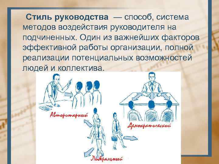 Стиль руководства — способ, система методов воздействия руководителя на подчиненных. Один из важнейших факторов