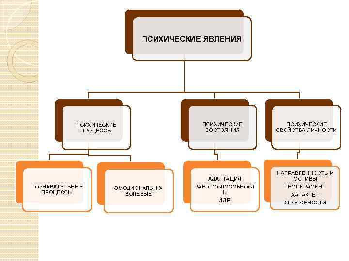 ПСИХИЧЕСКИЕ ЯВЛЕНИЯ ПСИХИЧЕСКИЕ ПРОЦЕССЫ ПОЗНАВАТЕЛЬНЫЕ ПРОЦЕССЫ ЭМОЦИОНАЛЬНОВОЛЕВЫЕ ПСИХИЧЕСКИЕ СОСТОЯНИЯ АДАПТАЦИЯ РАБОТОСПОСОБНОСТ Ь И ДР.