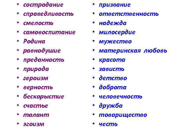  • • • • сострадание справедливость смелость самовоспитание Родина равнодушие преданность природа героизм